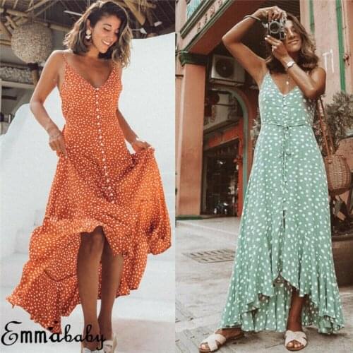 2019 Fashion Women Polka Dot Long Dress Boho Sleeveless Sling V-Neck Dresses Ladies Strap Ruffles Swing Sundress Button Dress