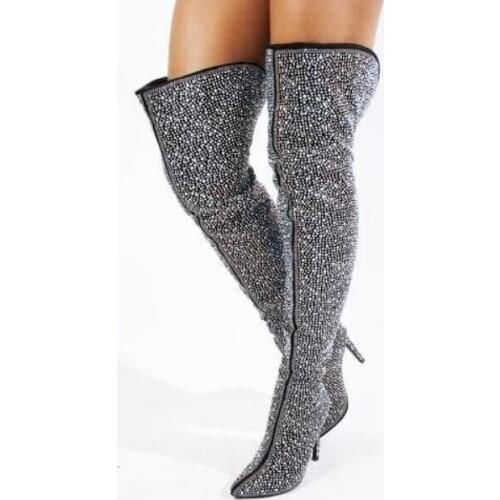 Luxury Bling Bling Crystal Over The Knee Boots Pointed Toe Loose Wide Calf Runway BootS High Heels Winter Long Boots Black Green