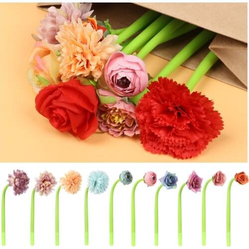 Simulation Rose Flower Decor Silicone Gel Pen Valentines Day Gift 0.5mm Black Ink Neutral Pen School Signature Writing Tools