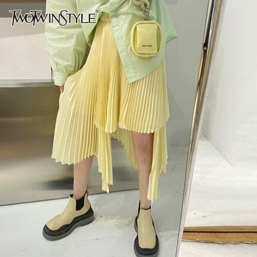 TWOTWINSTYLE Yellow Casual Skirt For Women High Waist Asymmetrical Pleated Solid Skirts Female Summer Clothing 2021 Fashion Tide