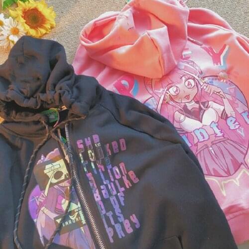 Vintage Kawaii Cartoon Print Punk Zip-up Hoodie Autumn Japanese Womens Casual y2k Oversized Sweatshirt Gothic Grunge Clothing