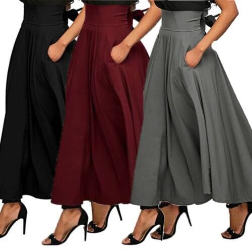 Vintage Women Lady Stretch High Waist Skater Flared Pleated Swing Long Skirt Loose Casual Party Club Skirt
