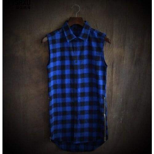 High-end medium style Mens sleeve Shirts Male irregular curved slit slim Plaid sleeveless Lovers' shirt Tops S M L XL 2XL