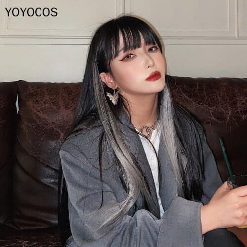 YOYOCOS Lisa Dark Grey Highlight Wig Hanging Ears Dyed Hair 70CM Female Long Dail Wig Nature Matte Heat Resistant Sythentic Hair