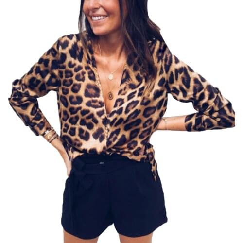 Womens Leopard Blouse Female Deep V-Neck Printed Wrap Over Shirt Casual Autumn/Spring Shirts S-XL