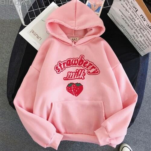 Women Harajuku Strawberry Milk Printing Sweatshirt Hoodie Fashion Clothes Aesthetic Sweet Hoodies Women Loose Pink Cute Hoodies