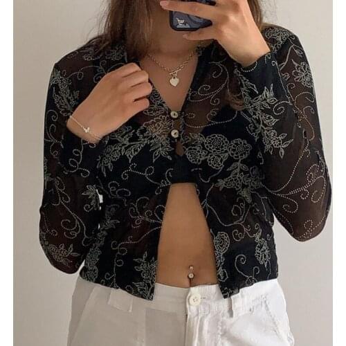 Womens V Neck Open Front Tops Long Sleeve Floral Print Sheer Mesh Button Down Shirts