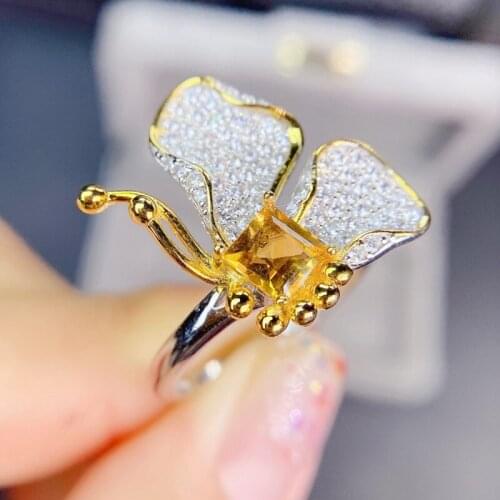 Natural real citrine butterfly big ring Free shipping 5*5mm 0.6ct gemstone 925 sterling silver Fine jewelry Women rings J215268