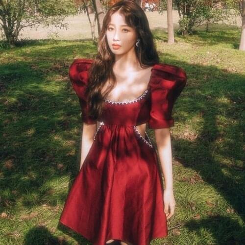 Red Sexy Mini Black Dress 2021 Cute Puff Sleeve Hollow Out Diamonds Beaded Runway Women Tunic Short Satin Club Dresses For Women