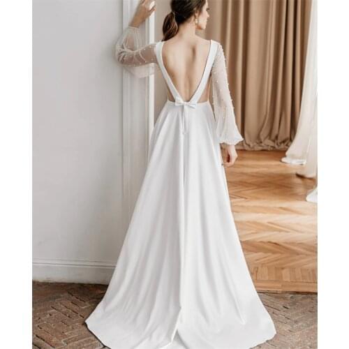 Sweep Train Boat Neck Long Sleeve Bridal Gown A-Line Wedding Dress Pearl Backless Romantic vestidos de mairee Wedding Dress