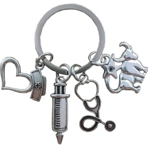 12 Signs Constellations Zodiac Retro Silver Plated Keychain Key Ring Doctor Nurse Cap Stethoscope Syringe Caduceus Style