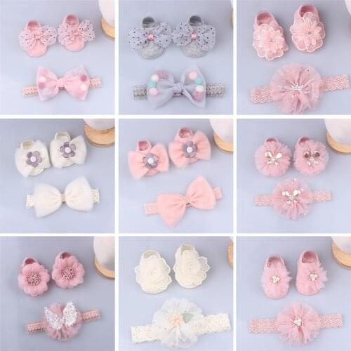 2 Pcs/Set Cute Baby Girl Headband Socks Set Lace Flower Bows Crown Newborn Headbands Girls Hairband Turban Baby Hair Accessories