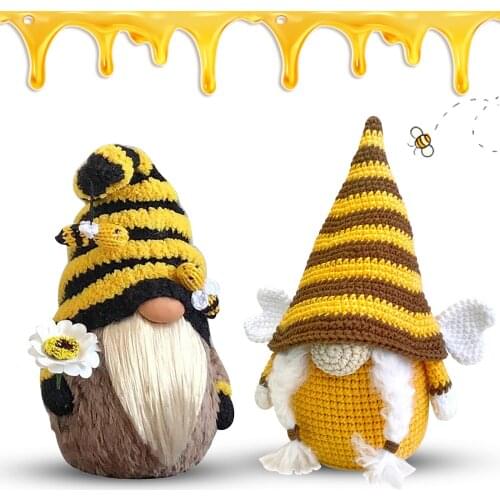 2PCS Bee Festival Gnome Faceless Doll Ornaments Figurines Cute Cartoon Bee Dwarf Plush Doll Miniatures Party Home Decorations