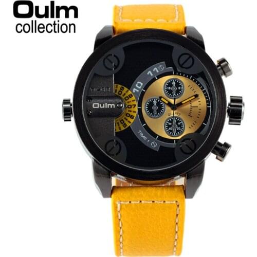 5cm Mens Watches for Big Wrist Brand Oulm Original Leather Strap Dual Time Zone Casual Quartz Watch Relogio Masculino Marca 2018