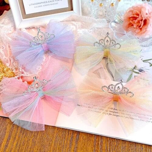 Boutique 12pcs Fashion Royal Glitter Rhinestone Tiaras Bowknot Hairpins Gradient Mesh Bow Crown Hair Clips Princess Headwear