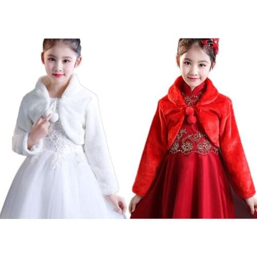 Kids Princess Thicken Plush Wraps Shawl Flower Girls Long Sleeve Bolero Shrug Cape Wedding Birthday Party Jacket with Tie W0YA
