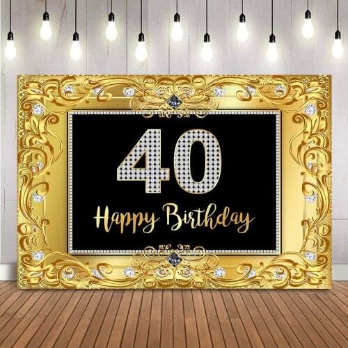 40th Birthday Backdrop Gold Glitter Diamonds Background for Adult Theme Party Decoration Banner Forty Birthday Backdrops