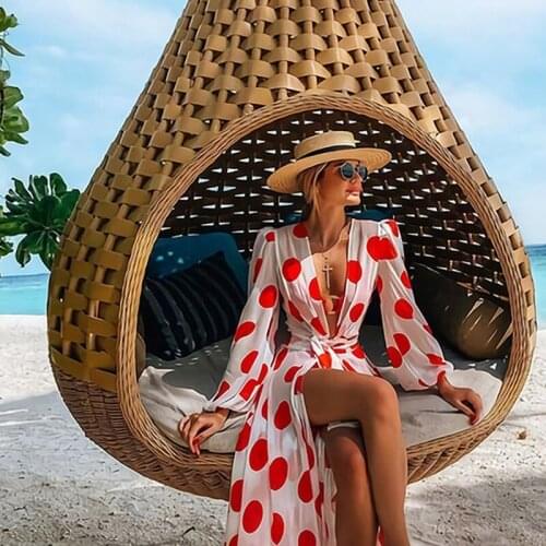 Summer Womens Beach Dress Cover up Bikini Print Swimwear Red Long Dress Sexy V neck Polka Dot Plus Size Beach Wrap 2021