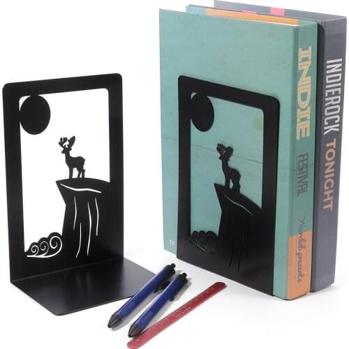Metal Bookend Delicate Elk Hollow Out Heavy Duty Non L Book End Organizer Holder Stand Rack Deer watching the sunrise