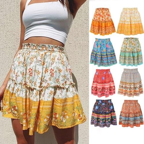 Printed Skirt Bohemian National Lotus Leaf Mini High Waist A-line Skirt
