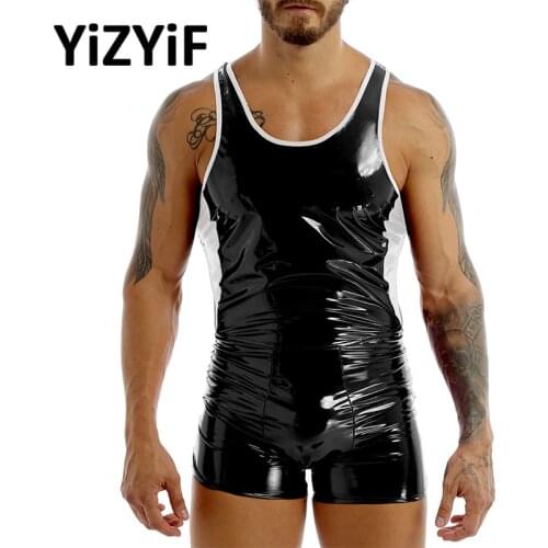 Mens One-piece Swimsuit Wet Look Patent Leather Color Block Design U Neck Backless Skin-Tight Leotard Short Bodysuit Jumpsuit