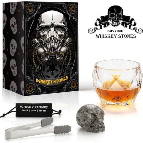 Skull Whiskey Stone and Glass Gift Set | Octagon Luxury Glass(550 ml), 100% Natural Pure Granite | Ideal Novelty Gifts for Men