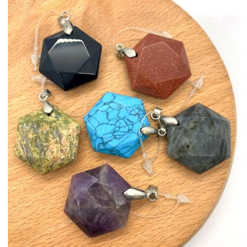 1pc Natural Semi-precious Stone Pendants Flat Hexagon Shape 8 Colors for Choice DIY for Making Necklace 25mm Size Polishing