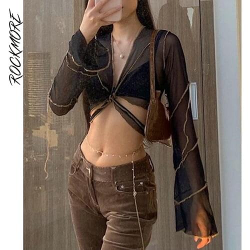 Rockmore Brown Mesh Crop Top Sexy See Through Long Sleeve V Neck Hollow Out T Shirt Women Vintage Patchwork Tee Tops Streetwear
