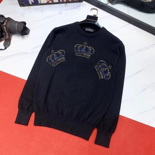 Luxury Cashmere Thick Oversized Brand Mens Sweater Crown Rhinestone Long Sleeve Winter Top Head Pullover