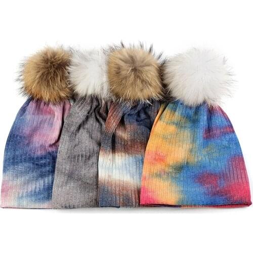 Adult Dyed Beanie Hat Autumn Winter Warm Hat Beanies Skull Cap For Women Men with 15cm Real Raccoon Fur Pompom Hair Ball