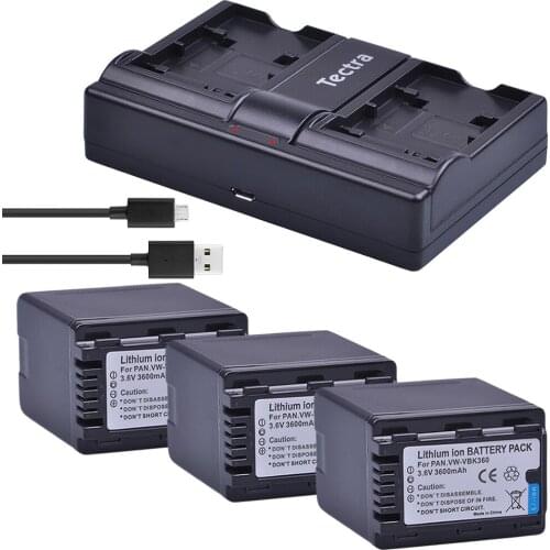 Tectra 3PCS VW-VBK360 VBK360 Li-ion Camera Battery + USB Dual Channel Charger for Panasonic HDC-TM40 HDC-TM41 HDC-TM55 HDC-TM60