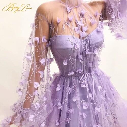Flower Prom Dresses Lavender High Neck Illusion Sleeves Evening Gown Delicate Embroidery Party Dress Robe De Soirée 2020