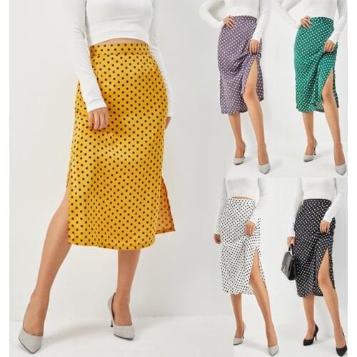 High Waist Mid-Length Zipper Polka Dot Skirt Women New Fashion Womens Slim Fit Split Satin Bread Hip Skirt