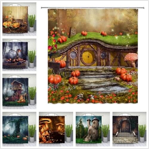 Fantasy Forest Scenery Halloween Pumpkin Shower Curtain Tree House Flower Butterfly Bath Decor Waterproof Bath Cloth Curtain