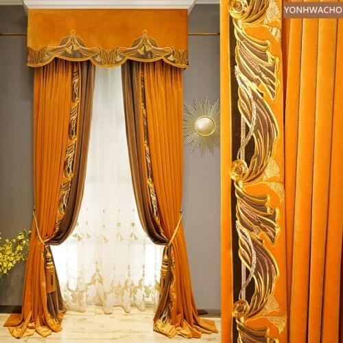 Custom curtain French luxury flannel thick orange embroidered living room velvet cloth blackout curtain valance tulle panel C609