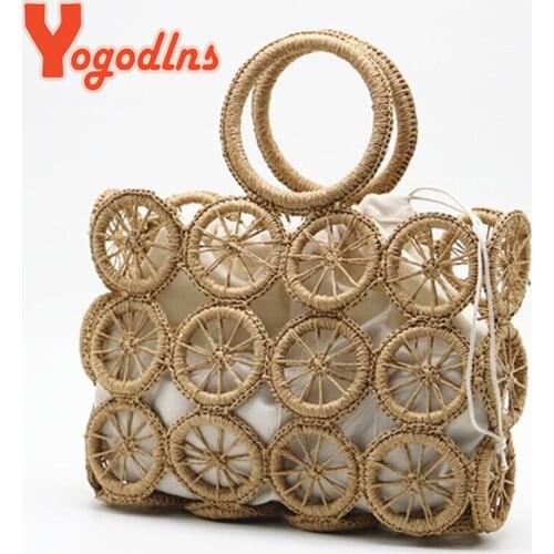 Yogodlns Summer Hollow Out Straw Bag Women Handmade Weave Handle Bag Beach Ladge Capacity Handbag Casual Rattan Lady Beach Bag