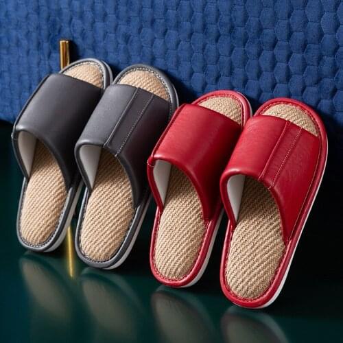 Women Home Slippers PU Leather Waterproof Cotton Linen Breathable Flat Shoes Bedroom Spring Autumn Non-slip Couples Slipper