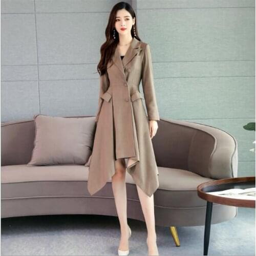 Korean Style Women Autumn Long Trench Coat Fashion Slim Irregular Ladies Casual Outwear Classic Turn Down Collar Plus Size Coats