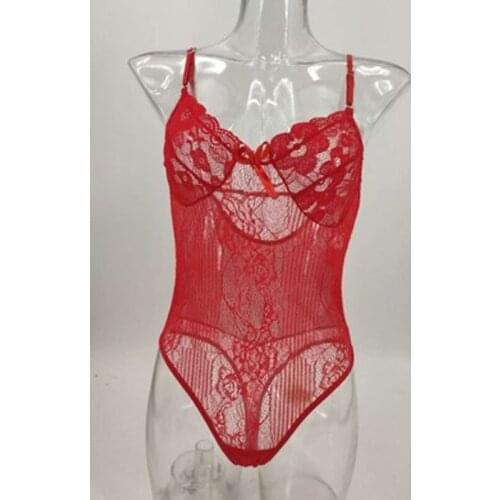 Wire Free Women Lingerie Sexy Lace Bodysuit Deep V Teddy One Piece Lace Solid Color Mesh Jumpsuit Sleeveless Backless Babydoll