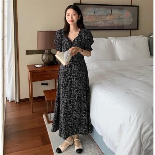 2021 Summer Women Maxi Dress Vintage Square Collar Lace Up Waist Temperament Vestidos Puff Sleeve Polka Dot Chiffon Dresses