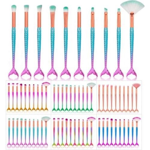 10 Pcs Mermaid Shape Makeup Brush Diamond Gradient Colorful Eye Set Beauty Tools Eyeliner Sculpting Concealer Eyebrow Brush