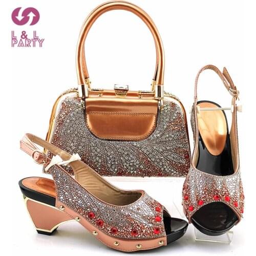 2021 Champagne Color New Arrival Matching Shoes and Bag Set In Heels Nigerian Shoes and Matching Bags Set for Party