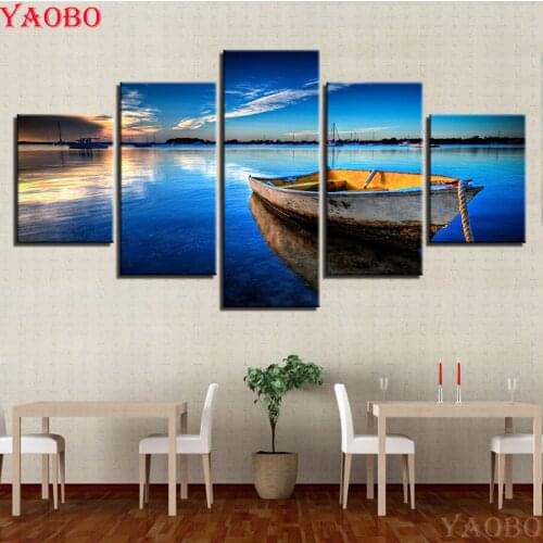 5D DIY diamond painting 5 Pieces Blue Sky White Cloud Ship River Scenery diamond embroidery full square round drill mosaic decor