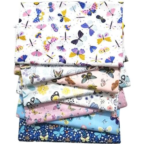 8Pcs/Set 25 cm Square Fashion Butterfly Dragonfly Print Cotton Fabric For Child Cloth Patchwork Needlework Sewing DIY Material
