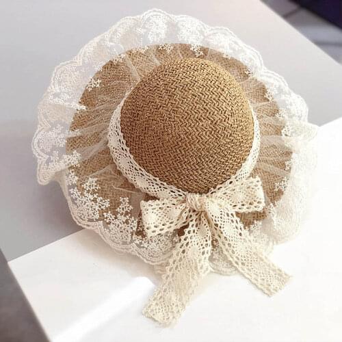 Kids Girls Hats 2021 New Fashion Summer Lace Flowers Caps Breathable Straw Hat Elegant Sunhat Lovely Baby Bonnet