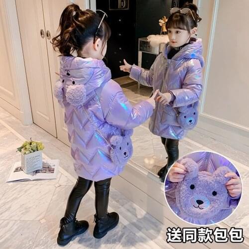 Kids Girls Winter Warm Coat Waterproof Glossy Outwear Jackets Snow Wear Big Hooded Children Parkas Outwear Teenage Cotton Parka
