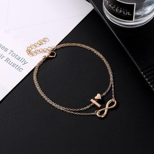 Double Layer 26 Alphabet Letters A B C to S Gold Heart Number 8 Foot Jewelry Anklets For Women