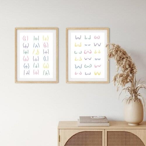 Bums Art Canvas Painting Boobs Line Drawing Print Rainbow Colours Wall Picture Female Butt Poster Modern Minimalist Home Decor