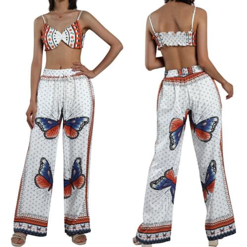 2 Pecs Suit Summer Tracksuit Sets Womens Outfits Boho Beach Style Print Underwear Loose Wide Leg Pants Ropa Mujer Подходить New