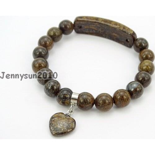 Natural Bronzite Gems Stone Heart Bar Round Beads Stretchy Bracelet Healing Reiki Chakra 5Strands / Pack